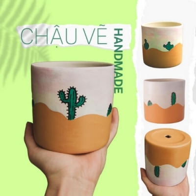 Chậu đất nung họa tiết Xương rồng